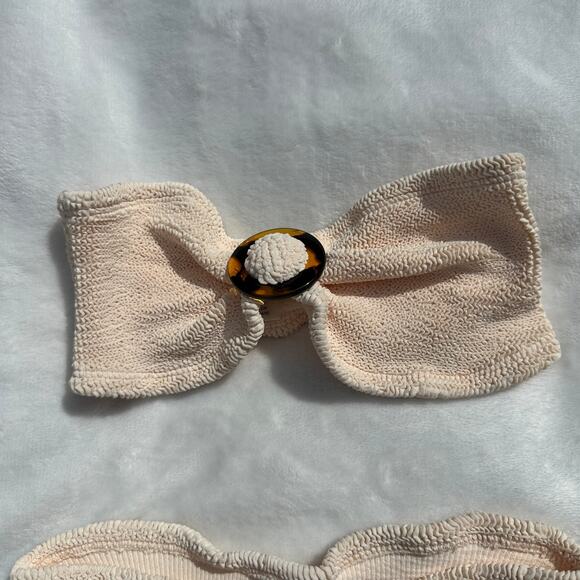 Hunza G. Flora Seersucker Bandeau Bikini Top and Bottom Blush Peach Pink OS NWT - Picture 11 of 15